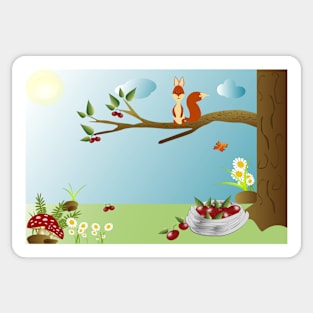 Squirrel on a tree in the forest eating fruits and berries. Sticker